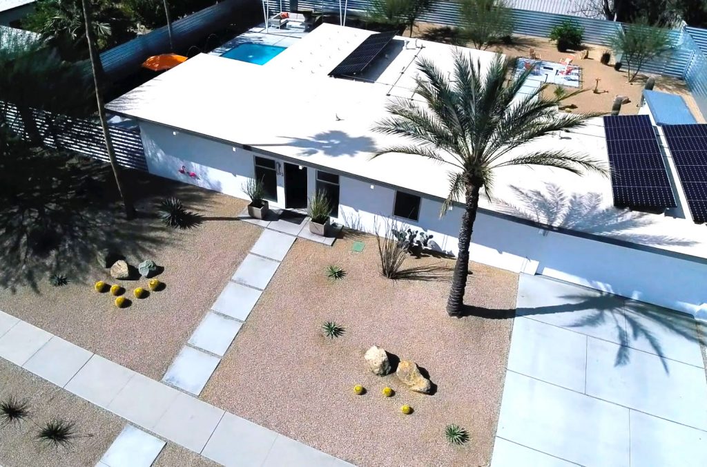 Aerial photo of 593 Juanita, Palm Springs, CA – a mid-century modern Meiselman home